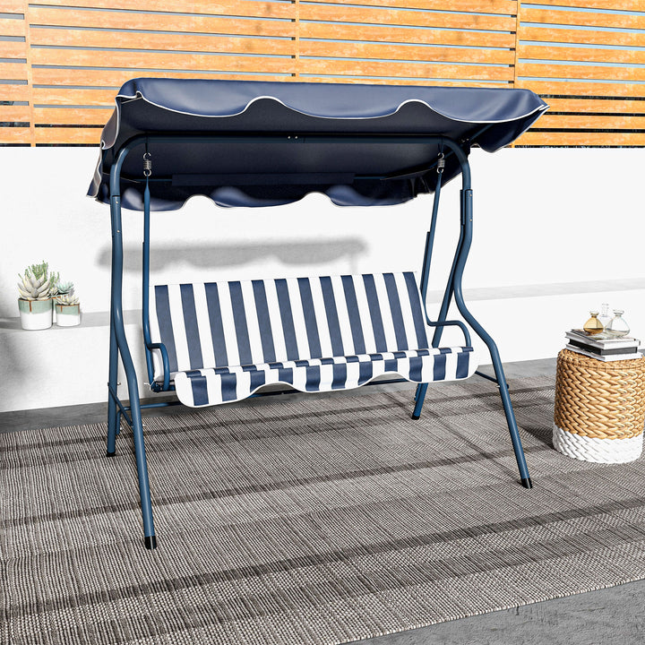 3 Seater Garden Swing Chair_ Outdoor Garden Bench with Adjustable Sun Cover and Metal Frame - Blue Stripes