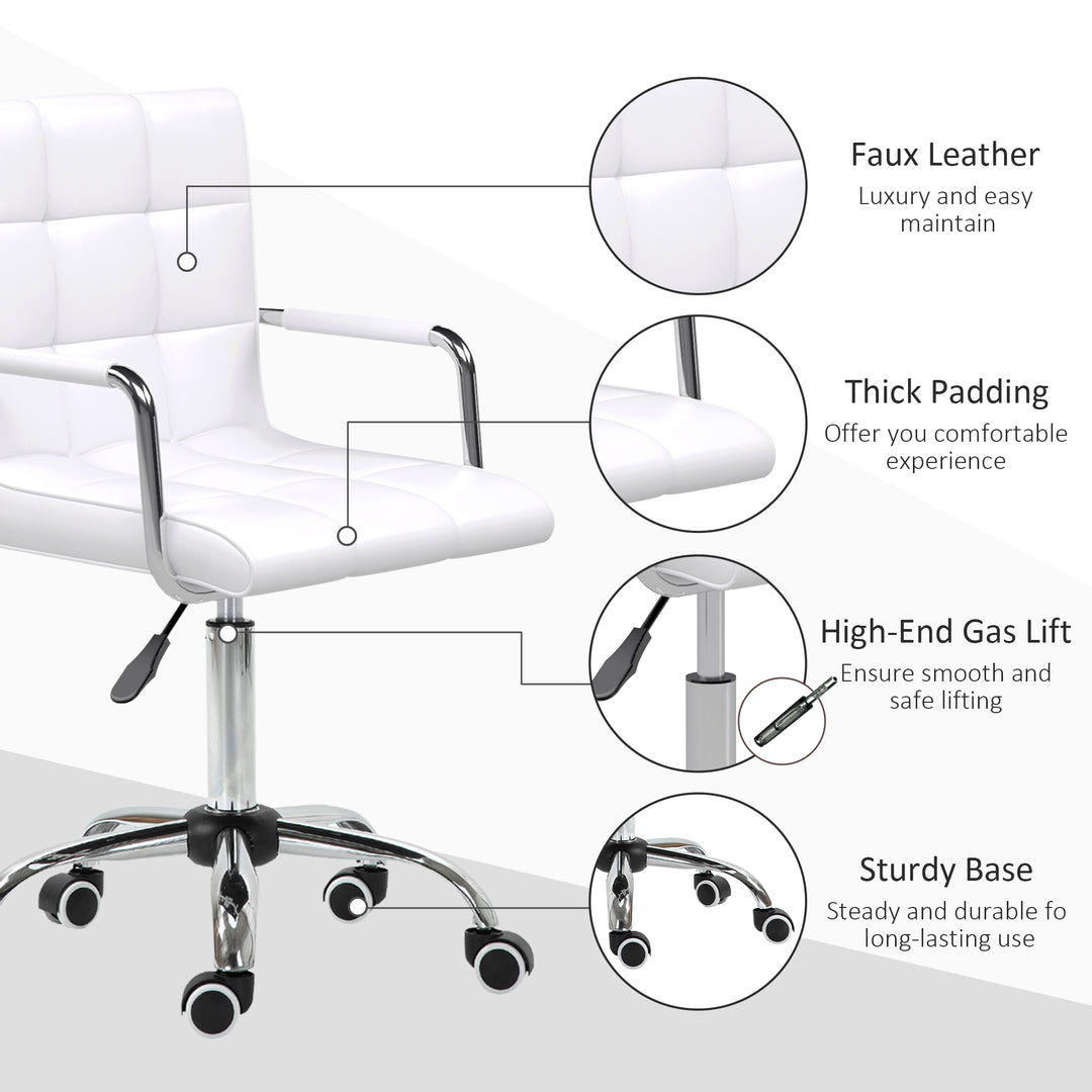 Vinsetto Mid Back PU Leather Home Office Desk Chair Swivel Computer Chair with Arm, Wheels, Adjustable Height, White