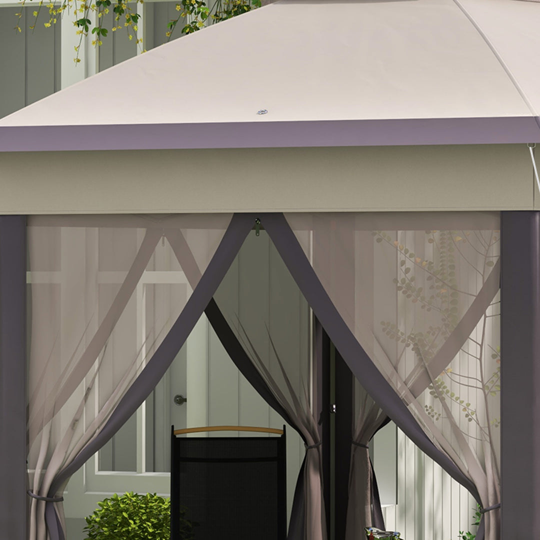 Outsunny Hexagon Patio Gazebo Pop Up Gazebo Outdoor Double Roof Instant Shelter with Netting, 4m x 4m, Beige