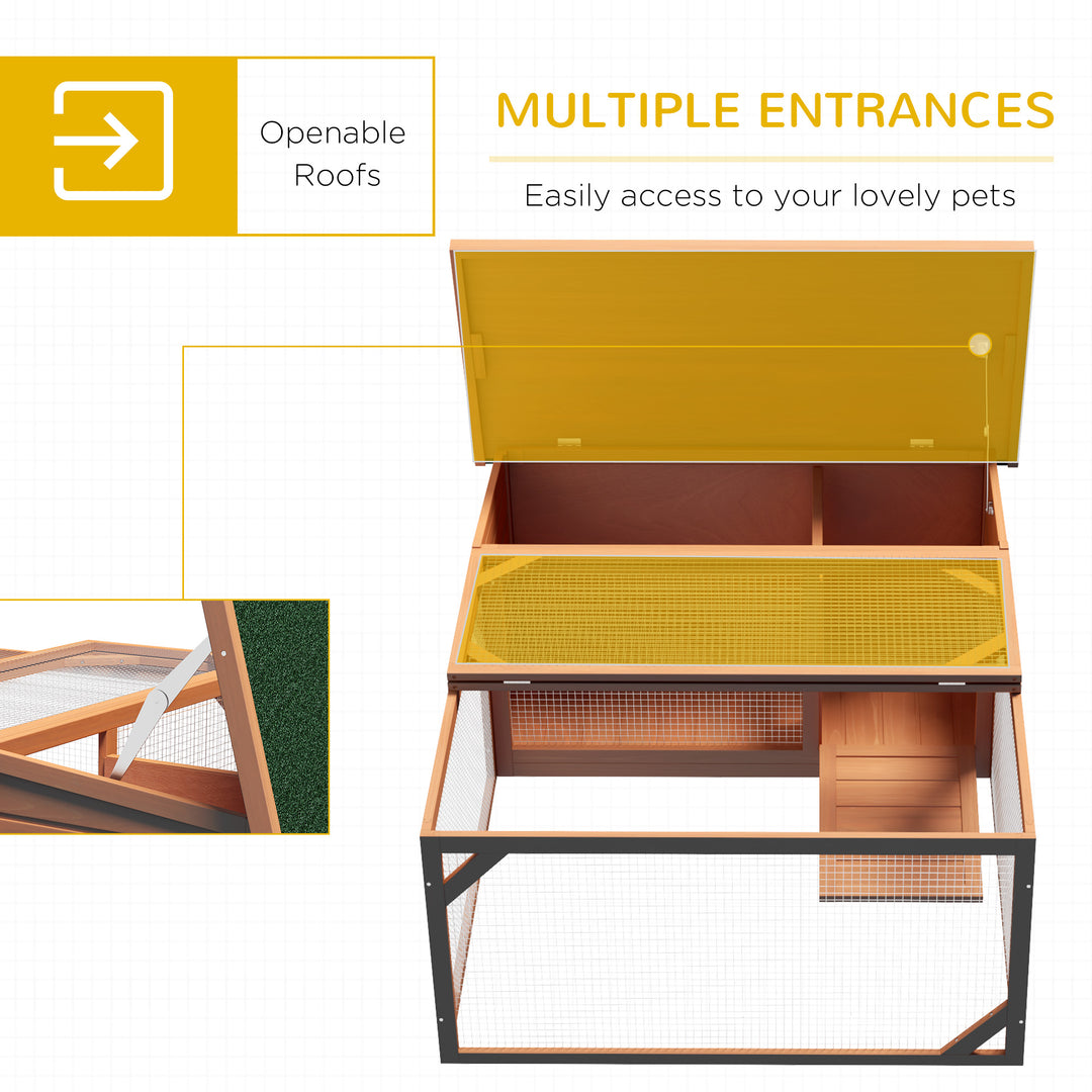 PawHut Rabbit Hutch Small Animal Guinea Pig House Off-ground Ferret Bunny Cage Backyard with Openable Main House & Run Roof 125.5 x 100 x 49cm Orange