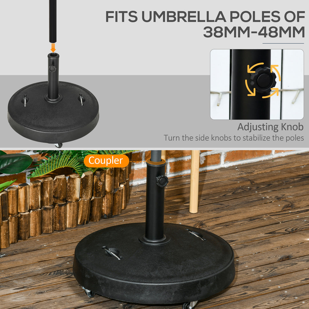 Resin Garden Parasol Base with Wheels and Retractable Handles, Round Outdoor Market Umbrella Stand Weight for Poles of Φ38 - Φ48mm, Black