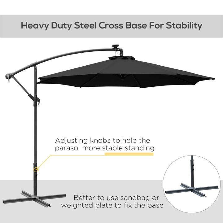 3(m) LED Banana Parasol Garden Cantilever Umbrella with Solar Lights, Crank Handle and Cross Base, Hanging Sun Shade, Black