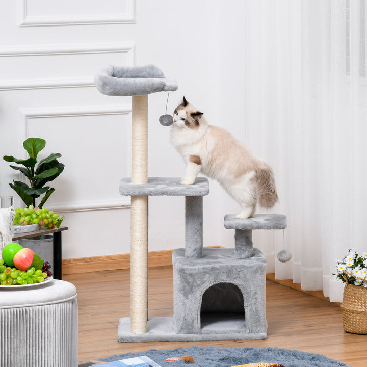 PawHut Cat tree Tower 114cm Climbing Activity Centre Kitten with Sisal Scratching Post Perch Hanging Ball Condo Toy Light Grey