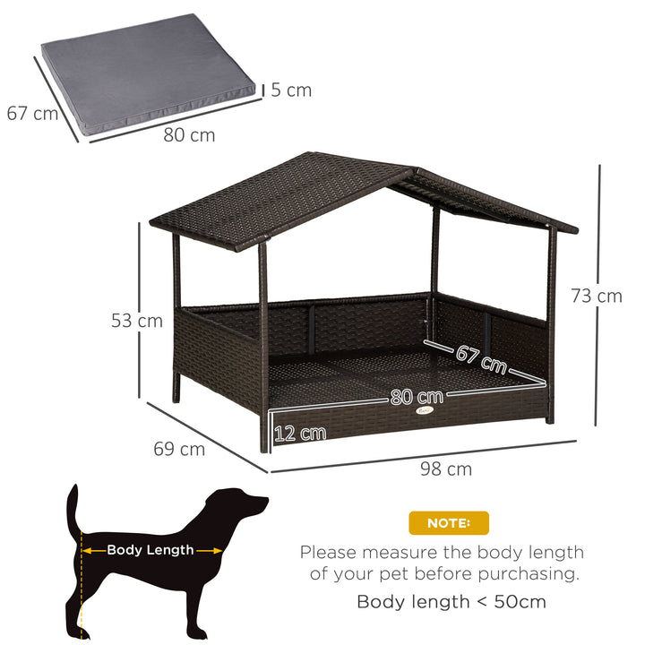 Rattan Dog House, Elevated Wicker Pet Bed Lounge with Removable Cushion and Canopy - Grey