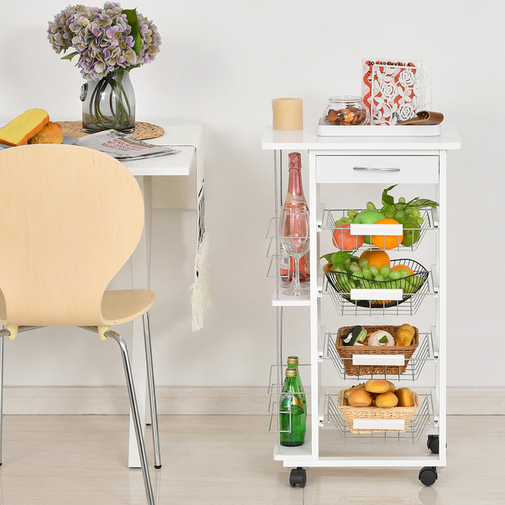 Multi-Use Kitchen Island Trolley w/ 4 Baskets 2 Side Racks Drawer Worktop 4 Wheels Worktop Food Storage Smooth Rolling Compact Furniture White