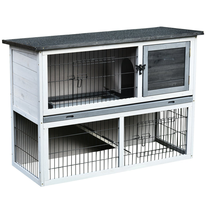 Small Animal Two-Level Fir Wood Hutch w/ Slide Out Tray Grey