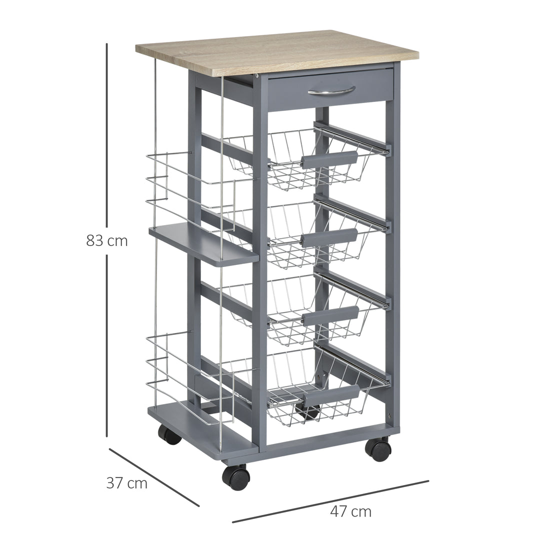 Kitchen Trolley, Multi-Use Kitchen Island w/ 4 Baskets 2 Side Racks 4 Wheels Food Storage Smooth Rolling Compact Furniture Dark Grey