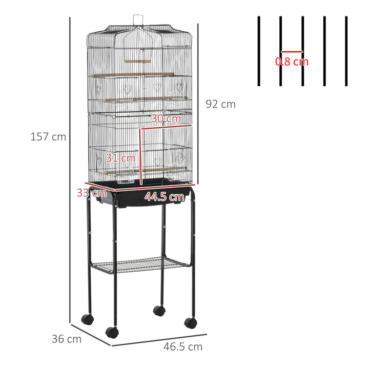 PawHut Bird Cage Budgie Cages for Finch Canary Parakeet with Stand Wheels Slide-out Tray Accessories Storage Shelf, Black 36 x 46.5 x 157 cm