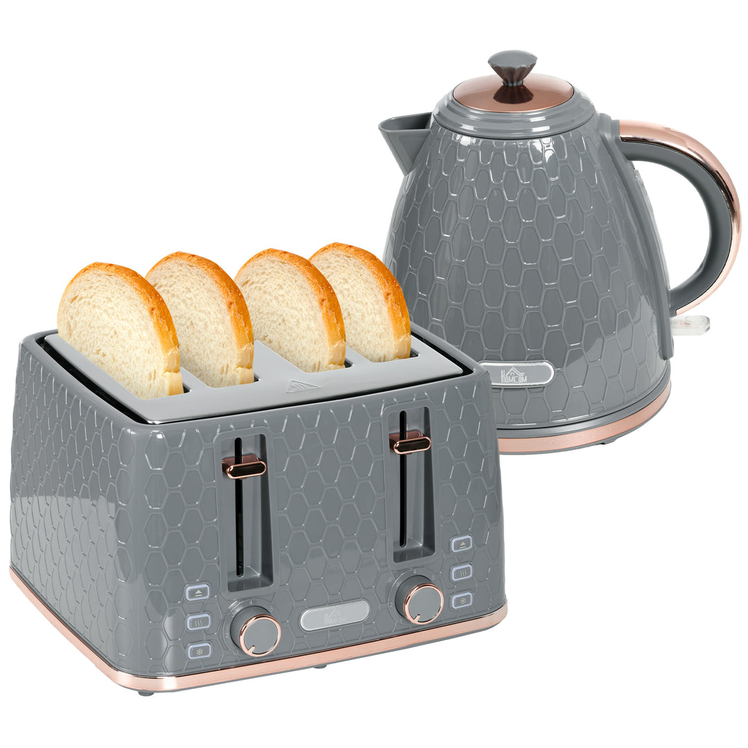 Fast Boil Kettle & 4 Slice Toaster Set, Kettle and Toaster with 7 Browning Controls, Crumb Tray, 1.7L 3000W - Grey