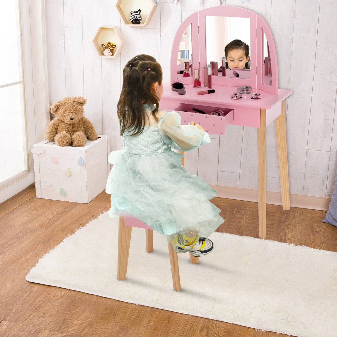 Kids Dressing Table and Stool Set Tri-Folding Mirror and Drawer -Pink