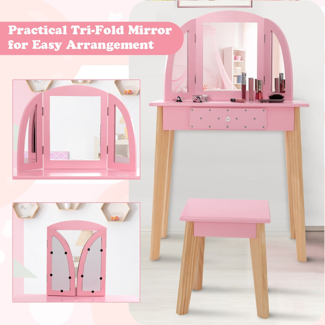 Kids Dressing Table and Stool Set Tri-Folding Mirror and Drawer -Pink