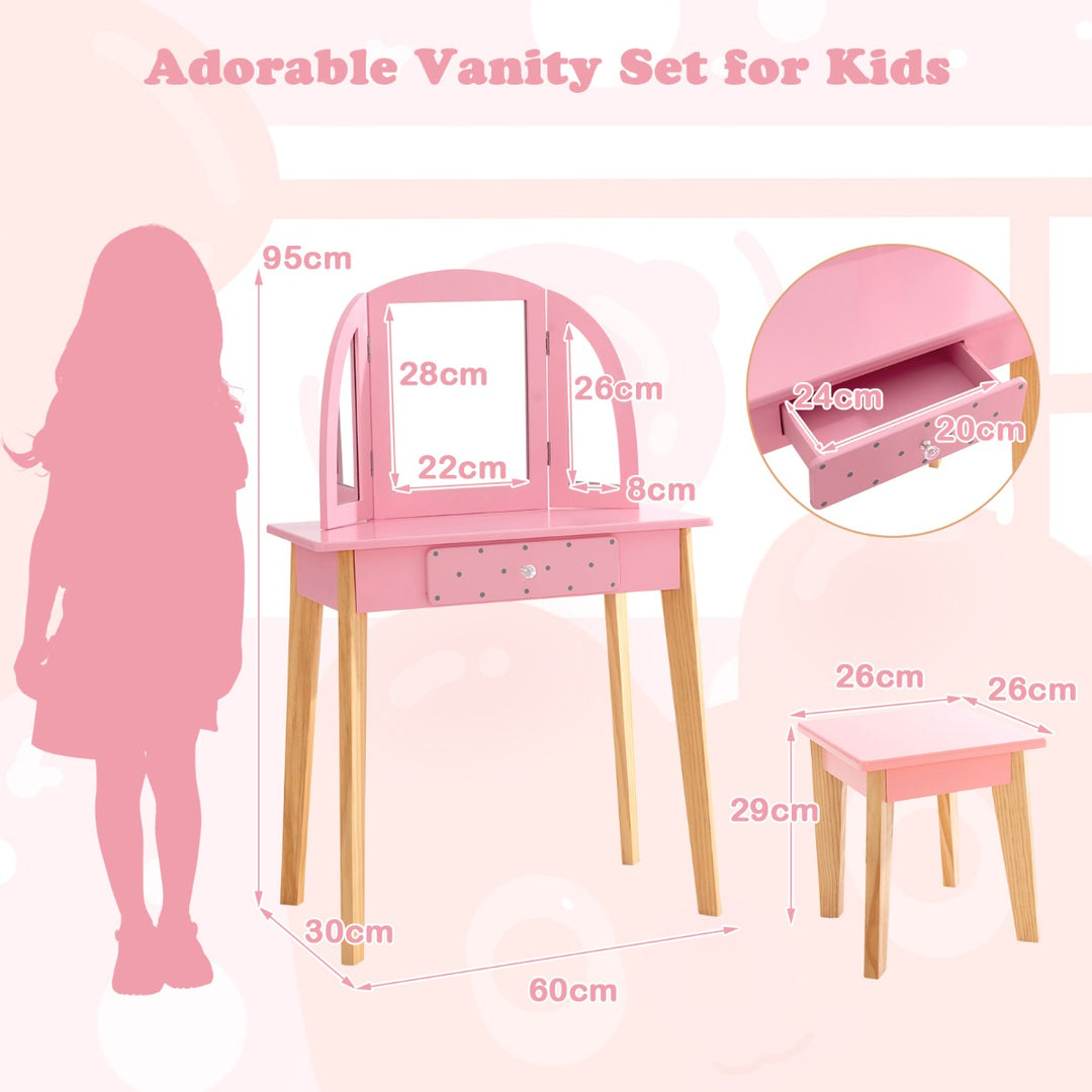 Kids Dressing Table and Stool Set Tri-Folding Mirror and Drawer -Pink
