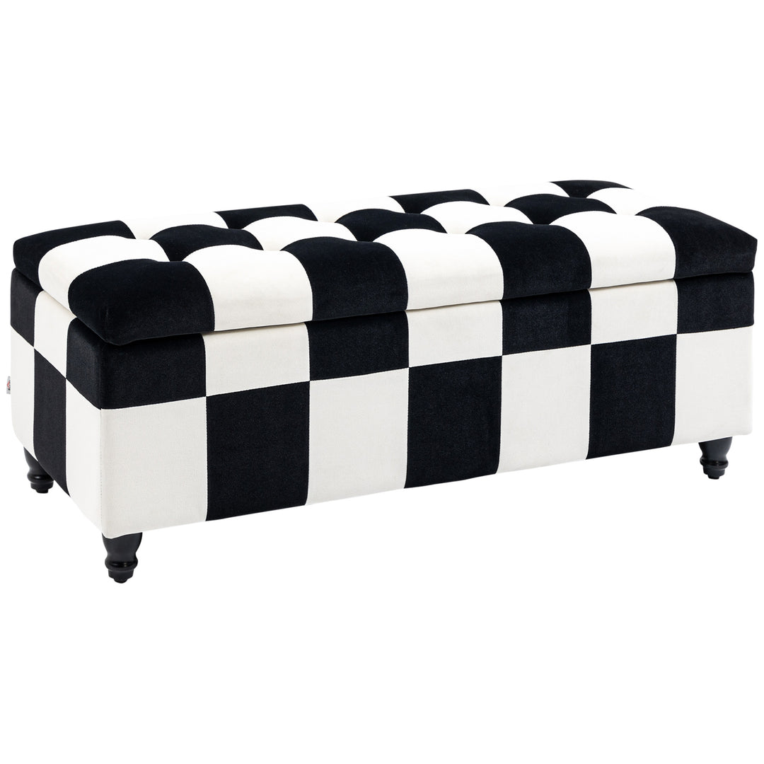 Velvet Storage Ottoman, Button-tufted Footstool Box, White & Black