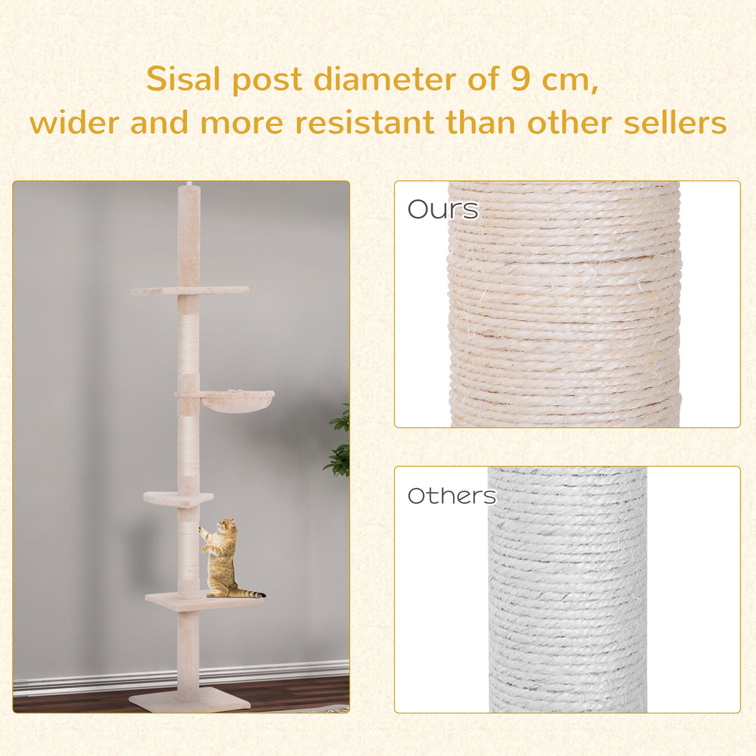 PawHut Floor to Ceiling Cat Tree 5-Tier Kitty Tower Activity Center Scratching Post 230-260cm