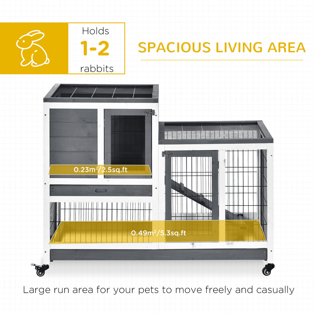 PawHut Indoor Wooden Rabbit Hutch Guinea Pigs House Bunny Small Animal Cage W/ Wheels Enclosed Run 110 x 50 x 86 cm