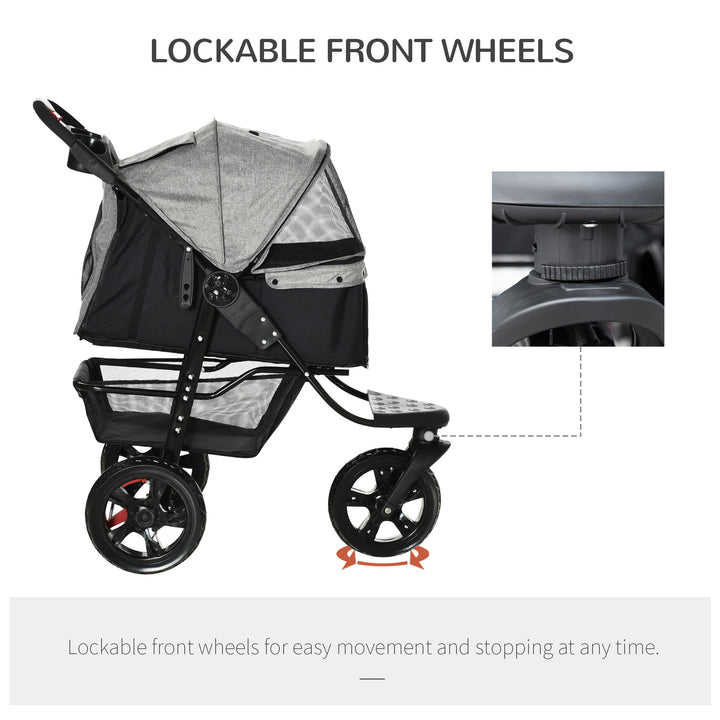 PawHut Dog Pushchair Folding Pet Stroller 3 Wheel Dog Jogger Travel Carrier Adjustable Canopy Storage Brake Mesh Window Grey