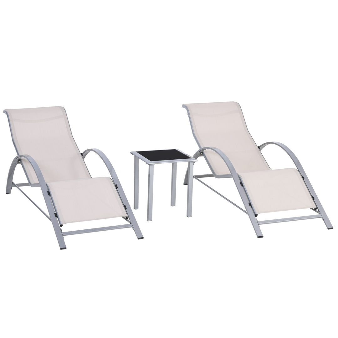 Outsunny 3 Pieces Lounge Chair Set Metal Frame Garden Outdoor Recliner Sunbathing Chair with Table, Cream