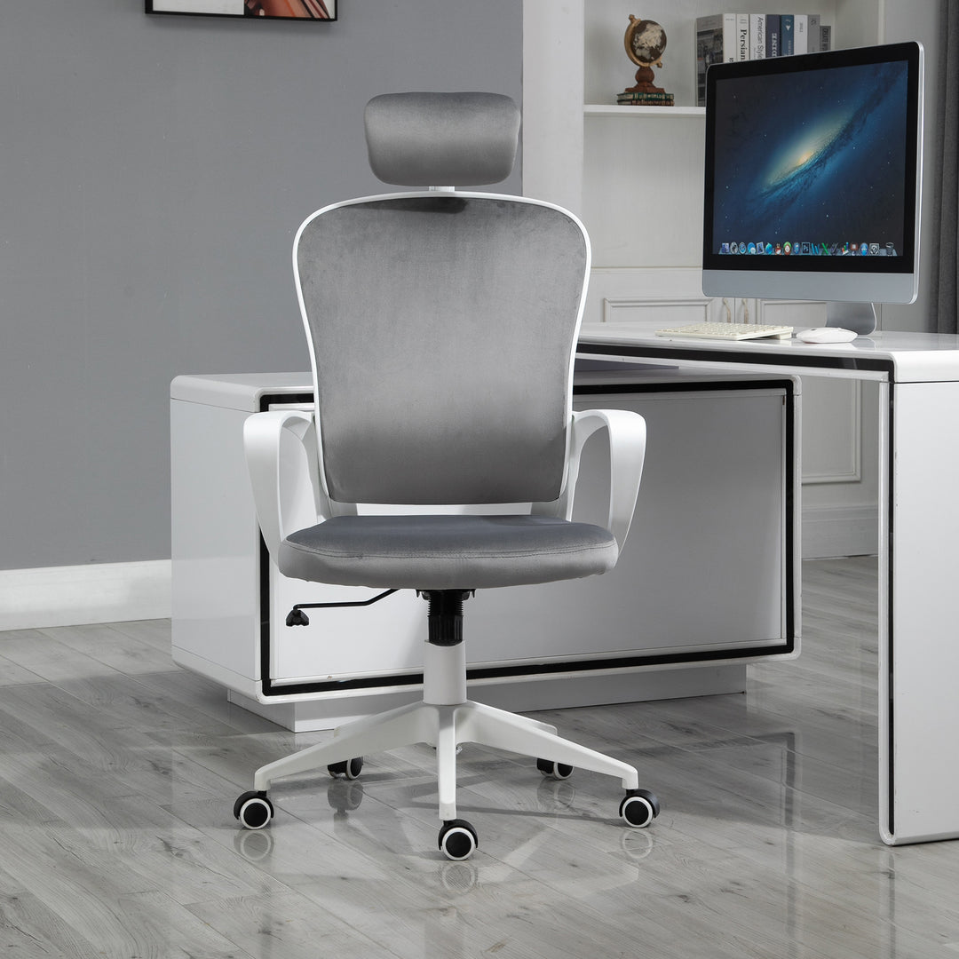 Vinsetto High-Back Swivel Chair Velvet Style Fabric Computer Home Rocking with Wheels, Rotatable Liftable Headrest, Grey