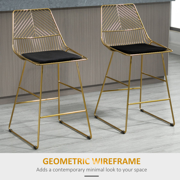 Set of 2 Bar stools Modern Counter Height Wire Metal Bar chairs for Kitchen, Bar Counter, Gold