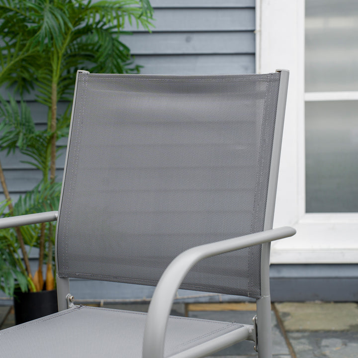 7 Piece Garden Dining Set, Outdoor Table and 6 Stackable Chairs, Steel Frame, Tempered Glass Top Table, Mesh Seats, Grey