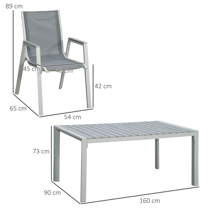 7 Pieces Garden Dining Set, Outdoor Table and 6 Armchairs, Aluminium Frame Slatted Wood Grain Plastic Top Table Mesh Fabric Seats Light Grey