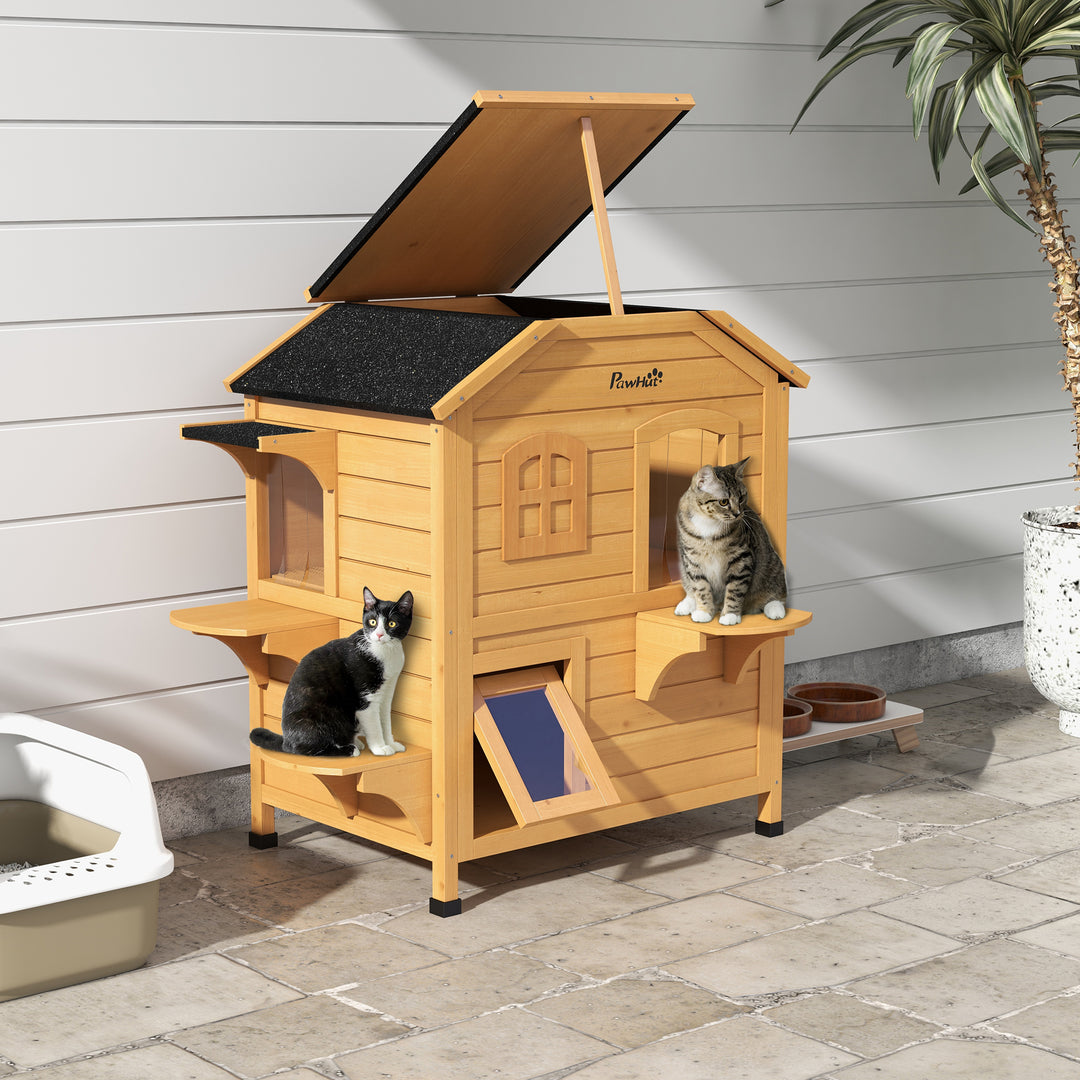 Wooden Cat House Condos Cat Cave Pet Shelter 2 Floor Villa Outdoor Furniture Natural Wood Finish