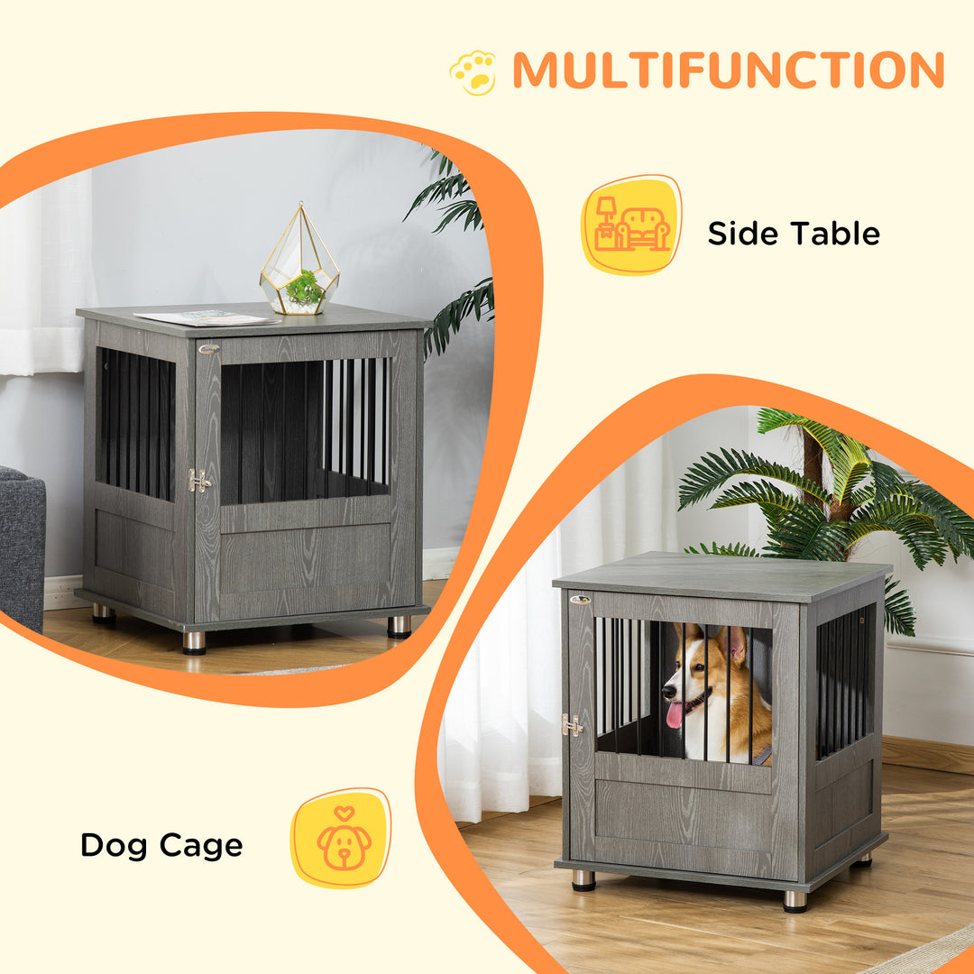 PawHut Dog Crate Furniture, Wooden End Table, Small Pet Kennel with Magnetic Door Indoor Crate Animal Cage, Grey