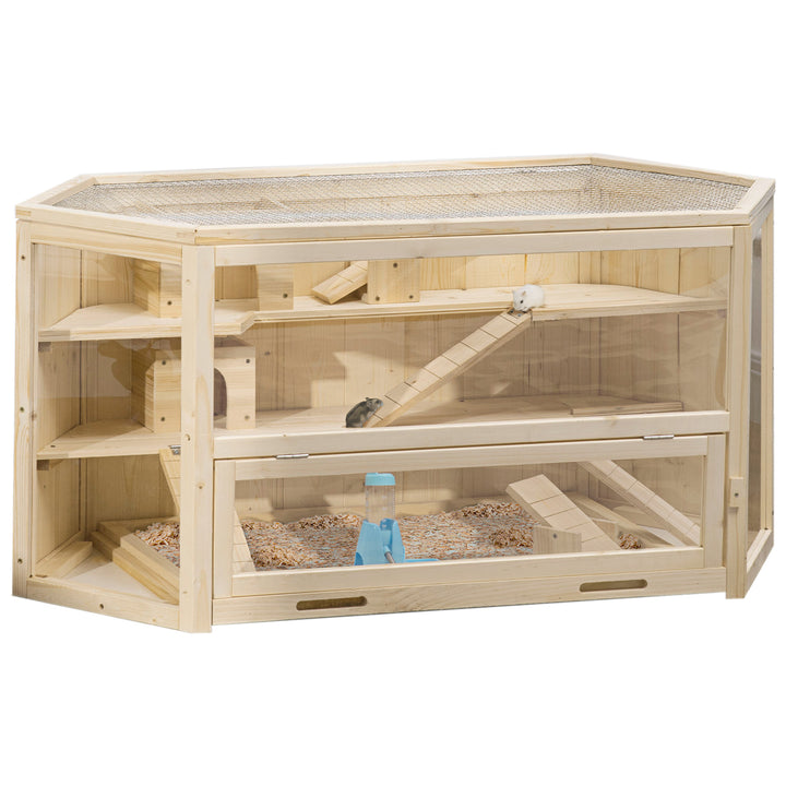 PawHut Wooden Large Hamster Cage Mouse Rats Small Animal Exercise Play House 3 Tier with Slide Activity Center, Natural