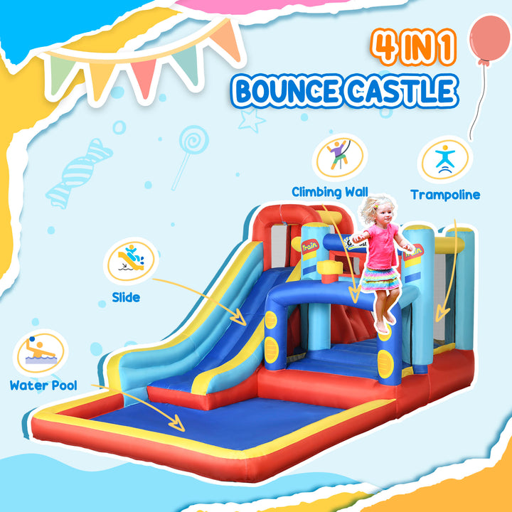 4 in 1 Bouncy Castle, with Slide, Pool, Trampoline, Climbing Wall, Blower - Multicoloured