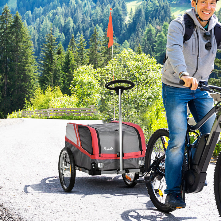 PawHut Dog Bike Trailer Two-In-One Trolley Stroller Cart Bicycle Carrier for Cat Puppy Travel w/ Reflectors Red Flag – Red