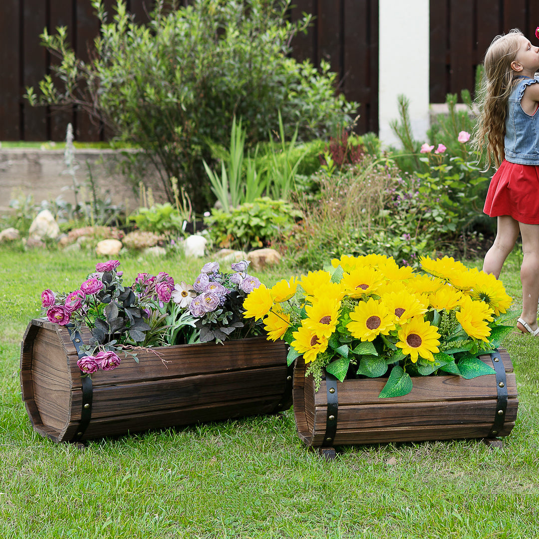 Outsunny 2PCs Wooden Planter Box Flower Plant Pot Outdoor & Indoor Flower Beds Plant Box with Solid Wood Carbonized Colour