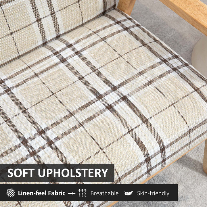 Compact Loveseat Couch Double Seat Sofa with Lattice Pattern and Rubber Wood Frame Beige and Coffee