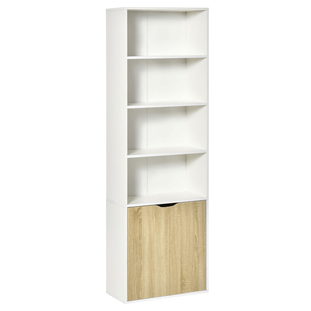 HOMCOM 2 Door 4 Shelves Tall Bookcase Modern Storage Cupboard Display Unit for Living Room Study Bedroom Home Office Furniture White and Oak