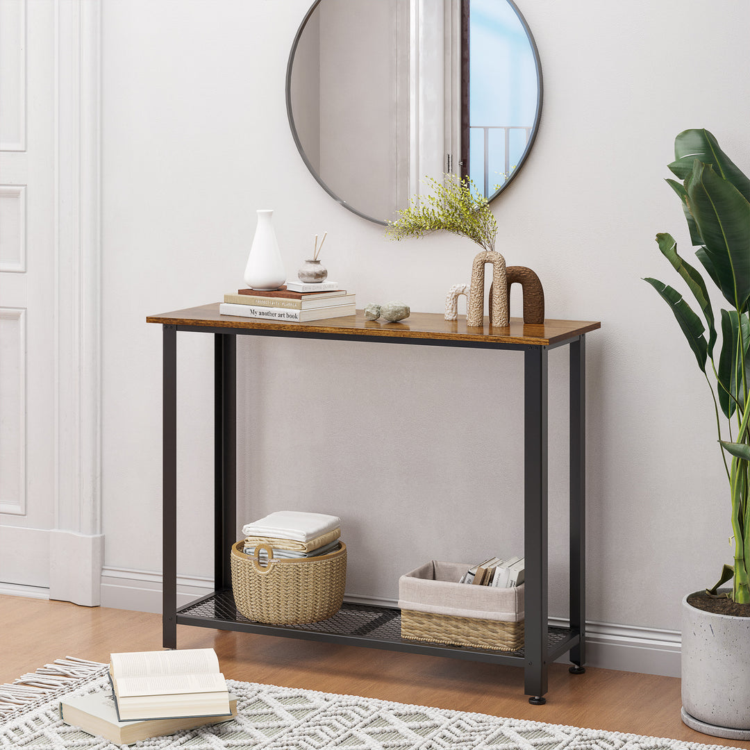 HOMCOM 2-Tier Console Table Side/End Table w/ Bottom Mesh Shelf Rectangular Adjustable Feet For Living Room Entryway Hallway Brown Black