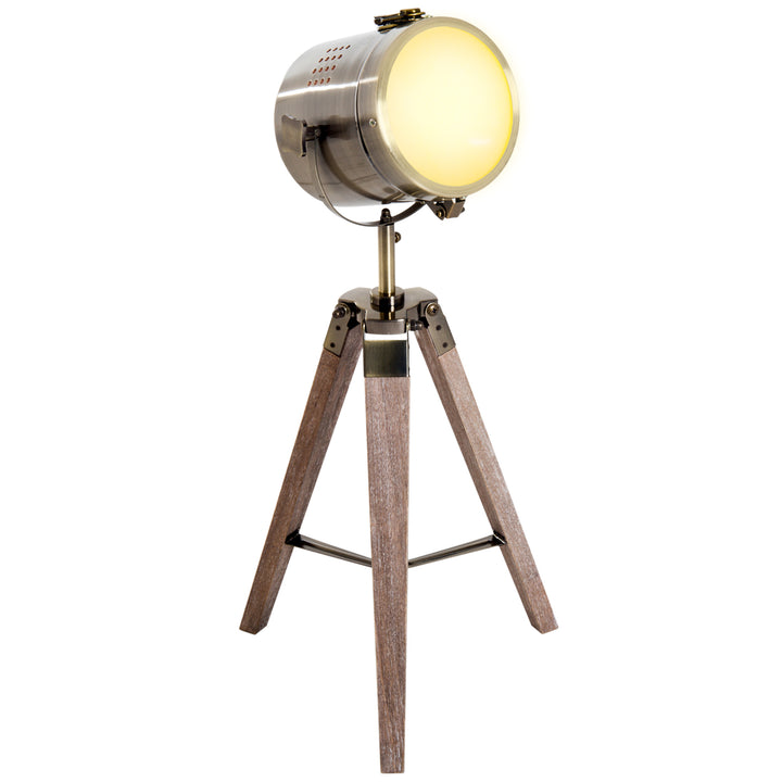 Vintage Tripod Table Desk Lamp Bedside Light Spotlight Brass Antique Searchlight Wooden Base