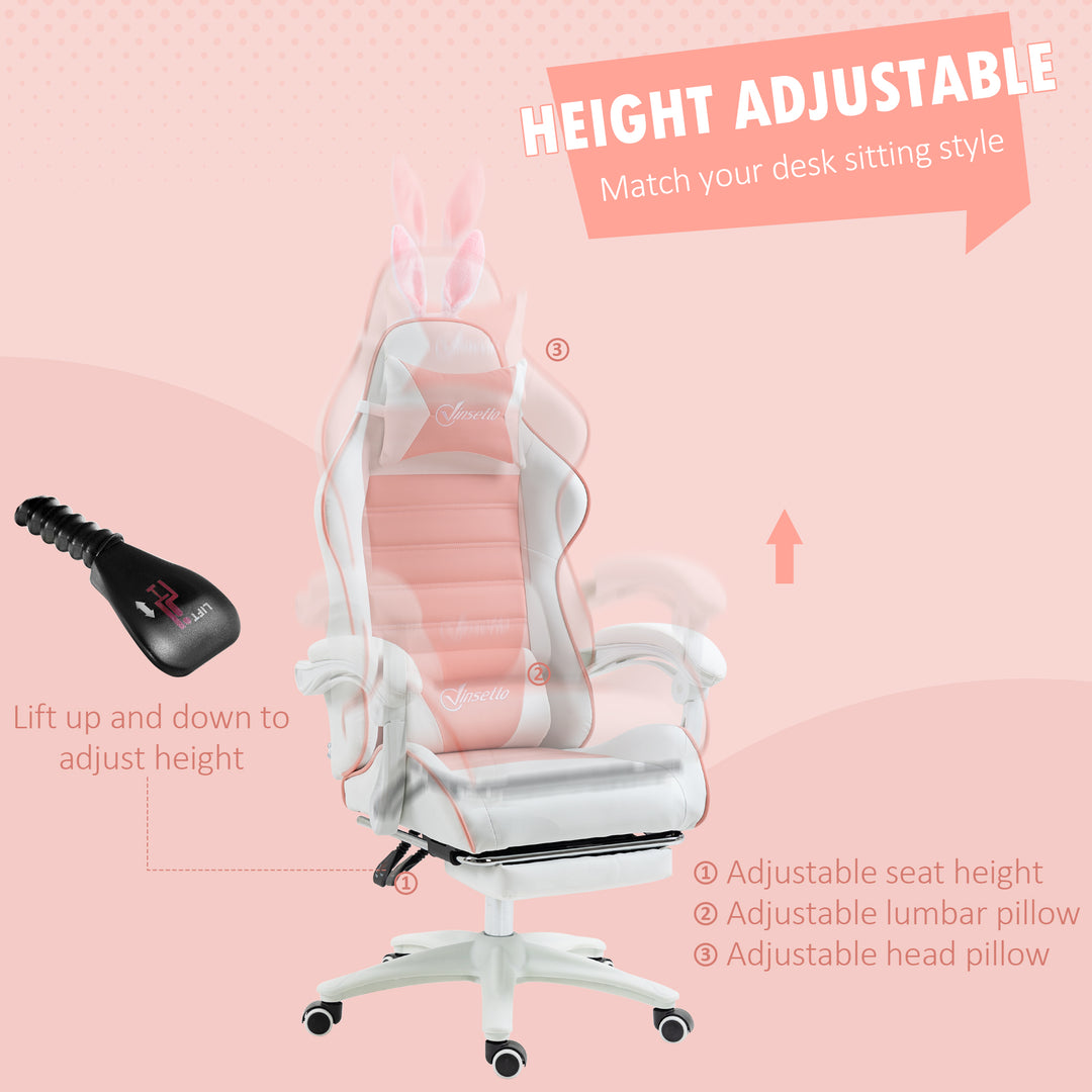 Vinsetto Racing Gaming Chair, Reclining PU Leather Computer Chair with Removable Rabbit Ears, Pink