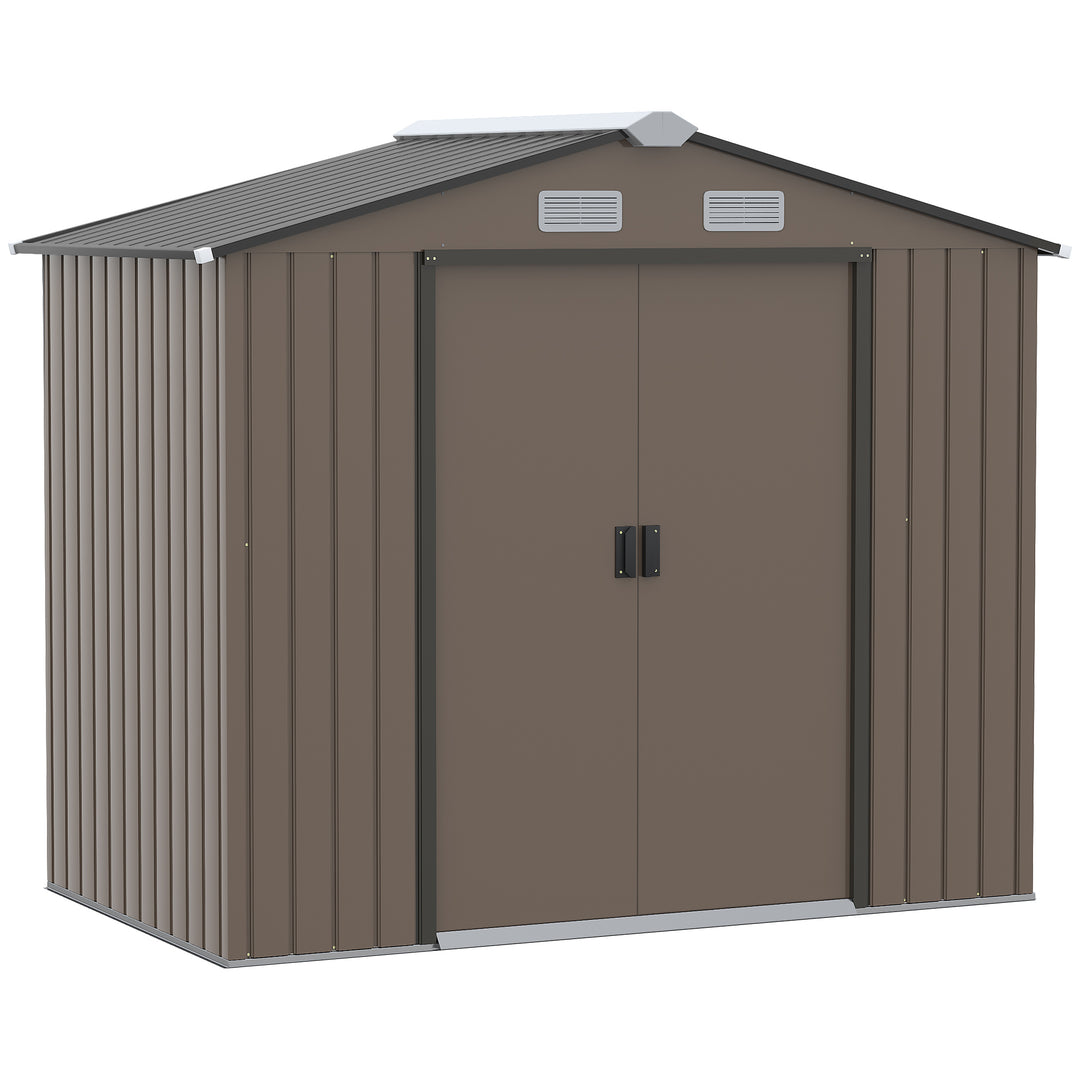 7ft x 4ft Lockable Garden Metal Storage Shed Large Patio Roofed Tool Storage Building Foundation Sheds Box Outdoor Furniture, Brown