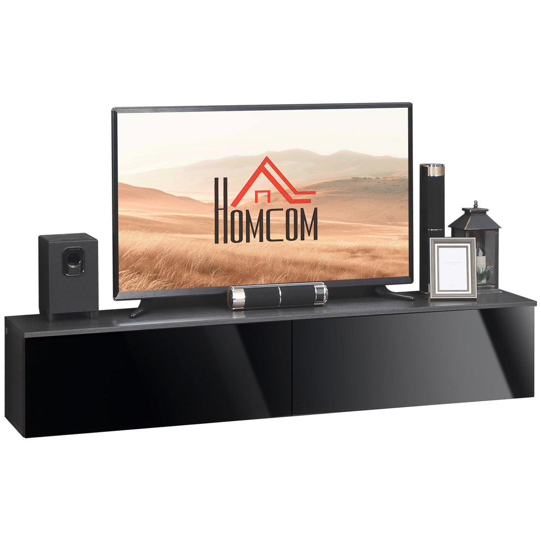 Floating TV Unit Stand for TVs up to 70" with High Gloss Effect, Wall Mounted Media Console with Storage Cupboards, Grey and Black