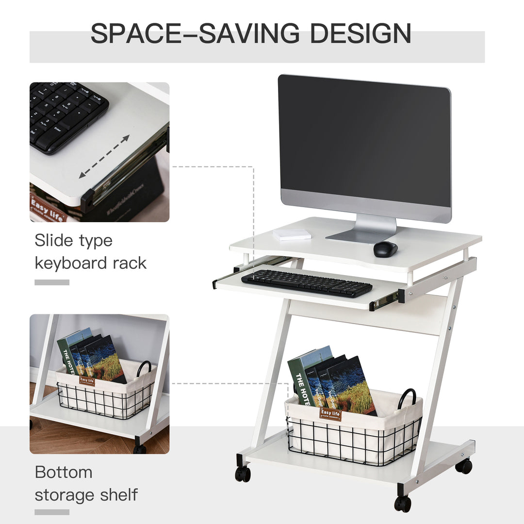 HOMCOM Movable Compact Small Computer PC Desk with 4 Moving Wheels Sliding Keyboard Tray Home Office Gaming Study Workstation White
