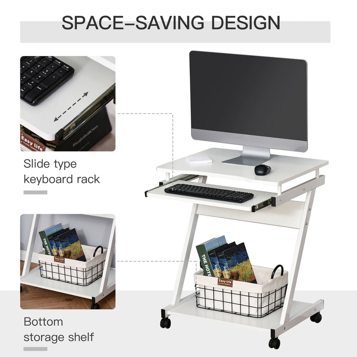HOMCOM Movable Compact Small Computer PC Desk with 4 Moving Wheels Sliding Keyboard Tray Home Office Gaming Study Workstation White