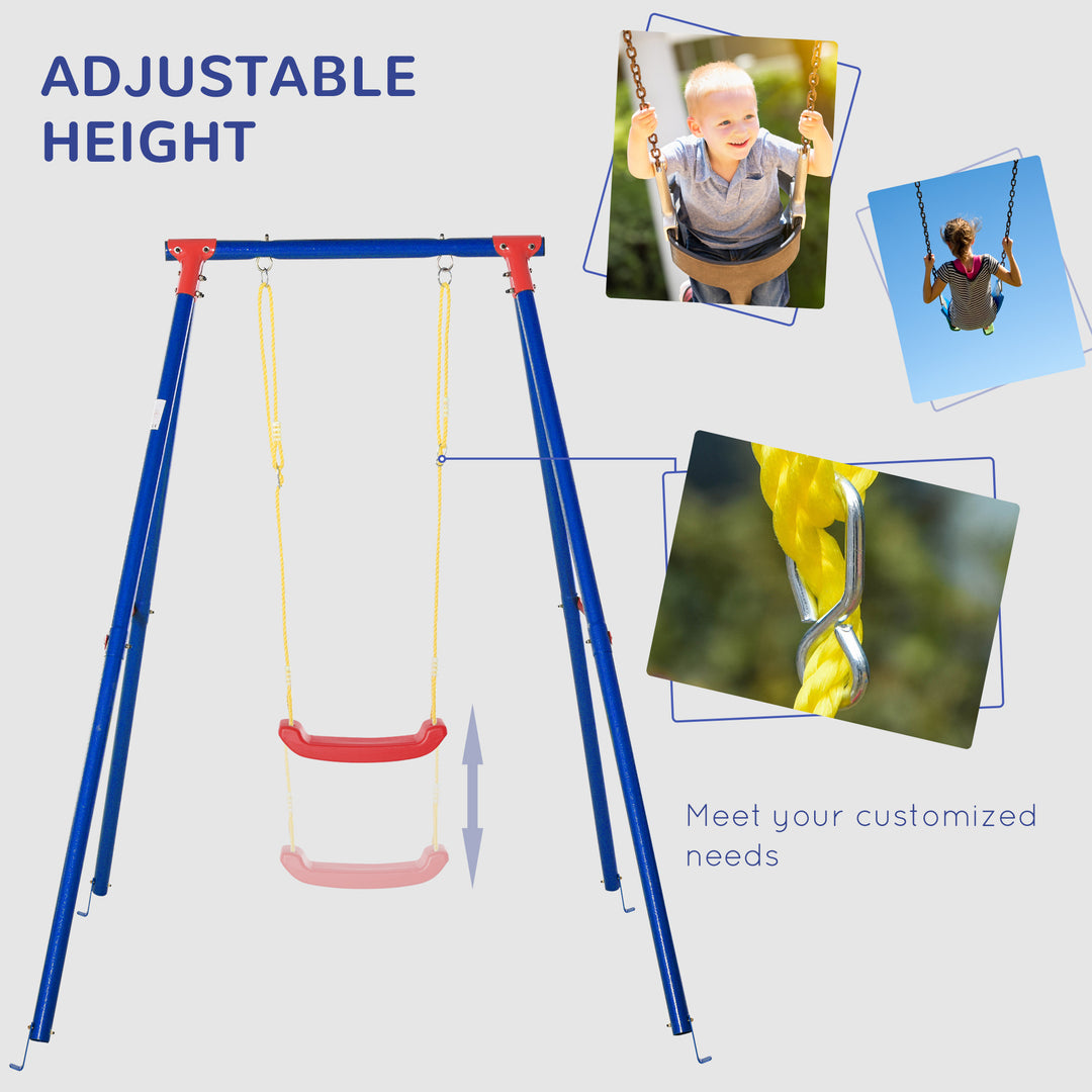 Metal Swing Set with Seat Adjustable Rope Heavy Duty A-Frame Stand Backyard Outdoor Playset for Kids Fun 6-12 Years Old Blue