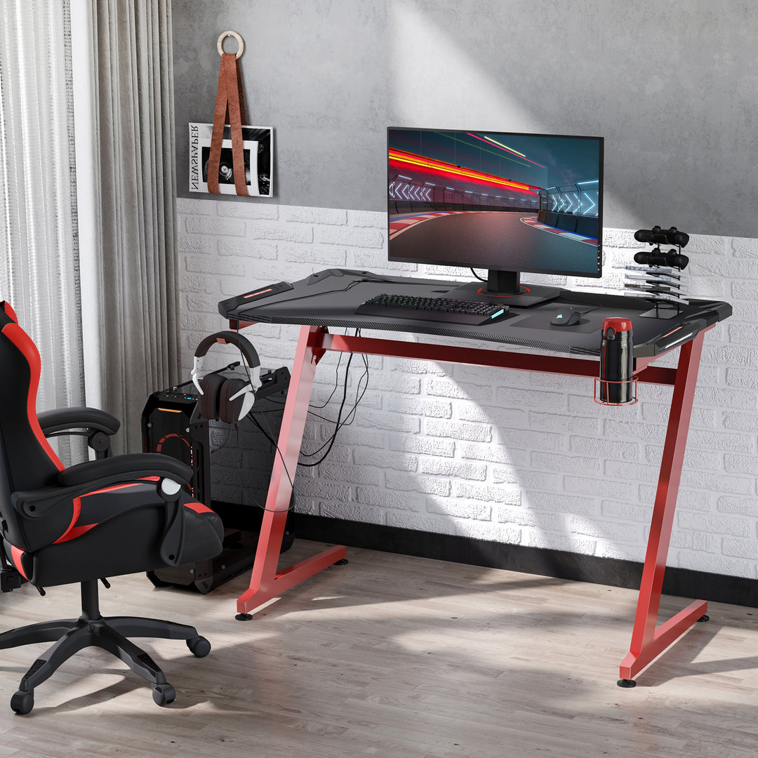 Gaming Desk, Ergonomic Home Office Desk, Gamer Workstation Racing Table, with Headphone Hook and Cup Holder, 122 x 66 x 86cm, Black and Red