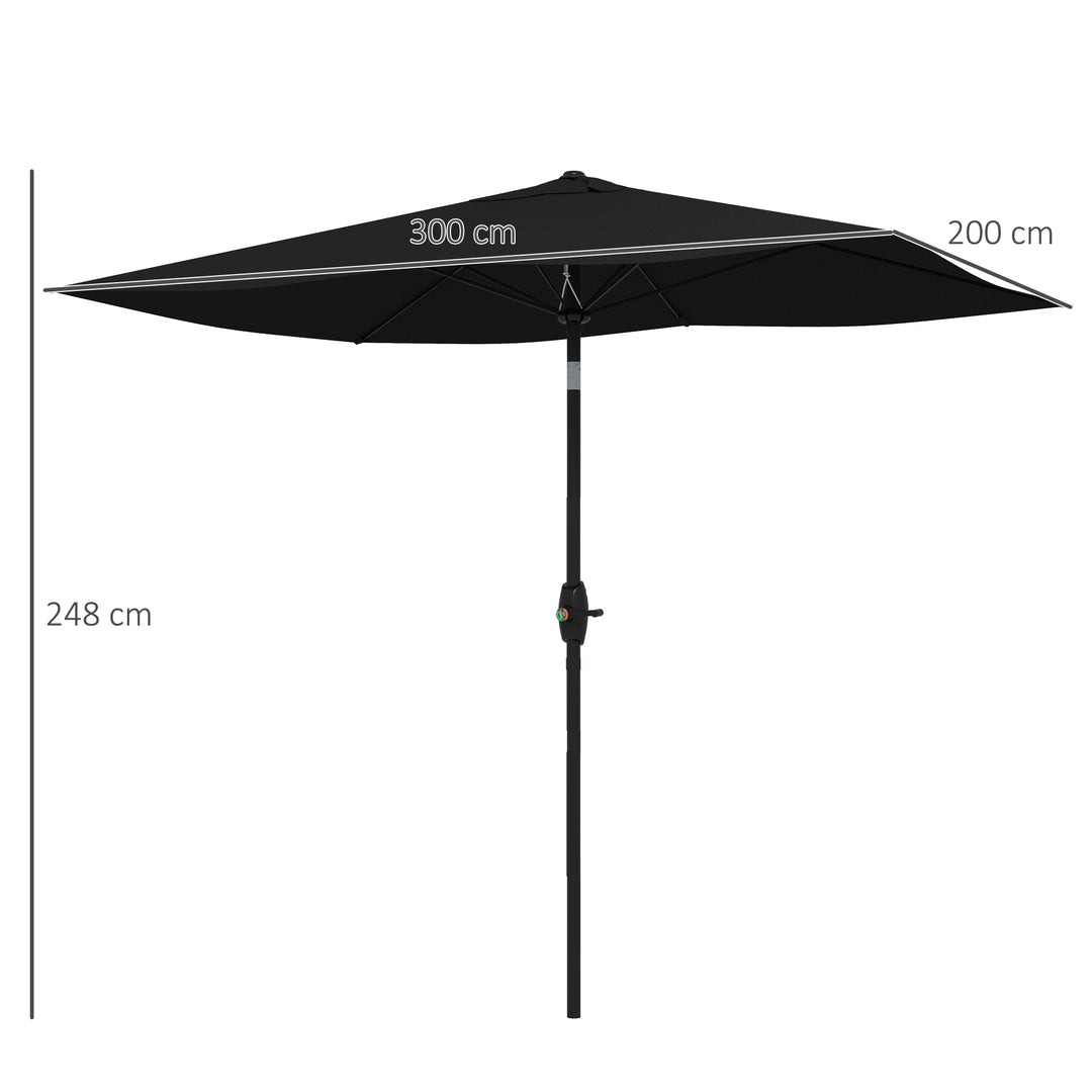 2 x 3(m) Garden Parasols Umbrellas Rectangular Patio Market Umbrella Outdoor Sun Shade w/ Crank & Push Button Tilt, Aluminium Pole, Black