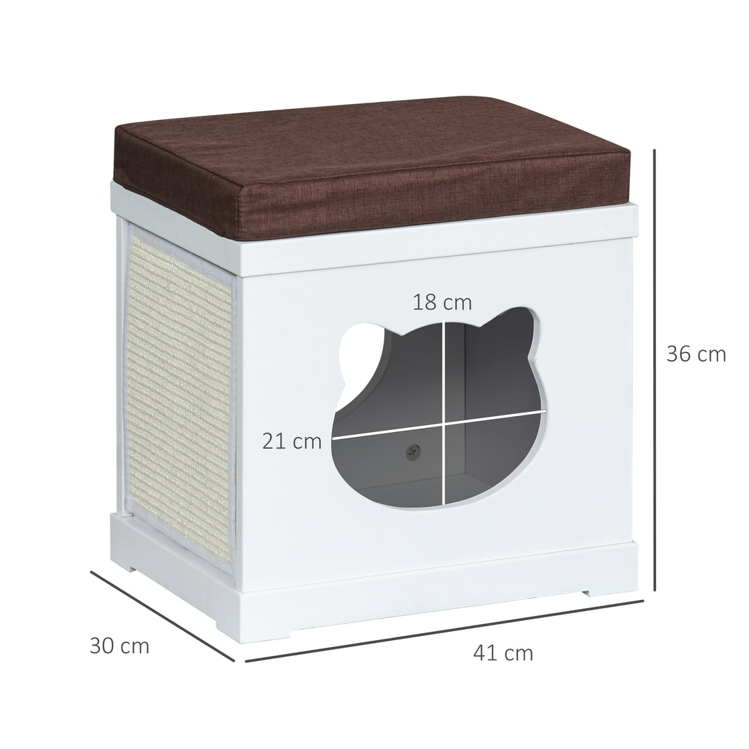 Wooden Cat House Bed Cat Scratching Cube for Small Cat Pet Furniture with Removable Scratching Pad and Soft Cushion White
