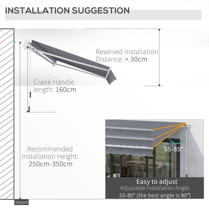 3 x 2.5m Garden Patio Manual Awning Retractable Canopy Sun Shade Shelter with Fittings and Crank Handle Grey