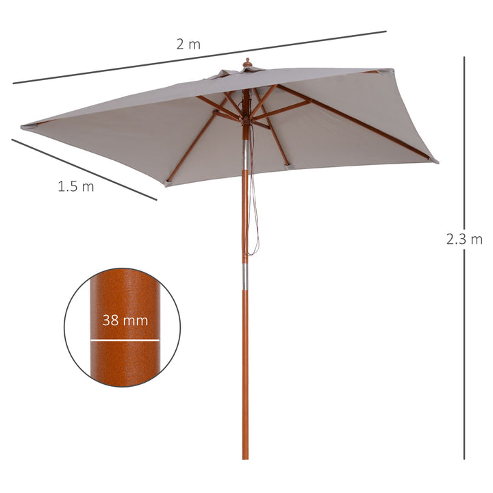 2m x 1.5m Patio Garden Parasol Sun Umbrella Sunshade Canopy Outdoor Backyard Furniture Fir Wooden Pole 6 Ribs Tilt Mechanism - Grey