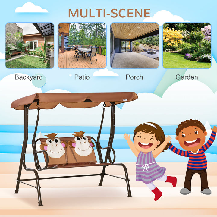 2-Seat Kids Canopy Swing, Children Outdoor Patio Lounge Chair, for Garden Porch, with Adjustable Awning, Seat Belt, Monkey Pattern, Coffee