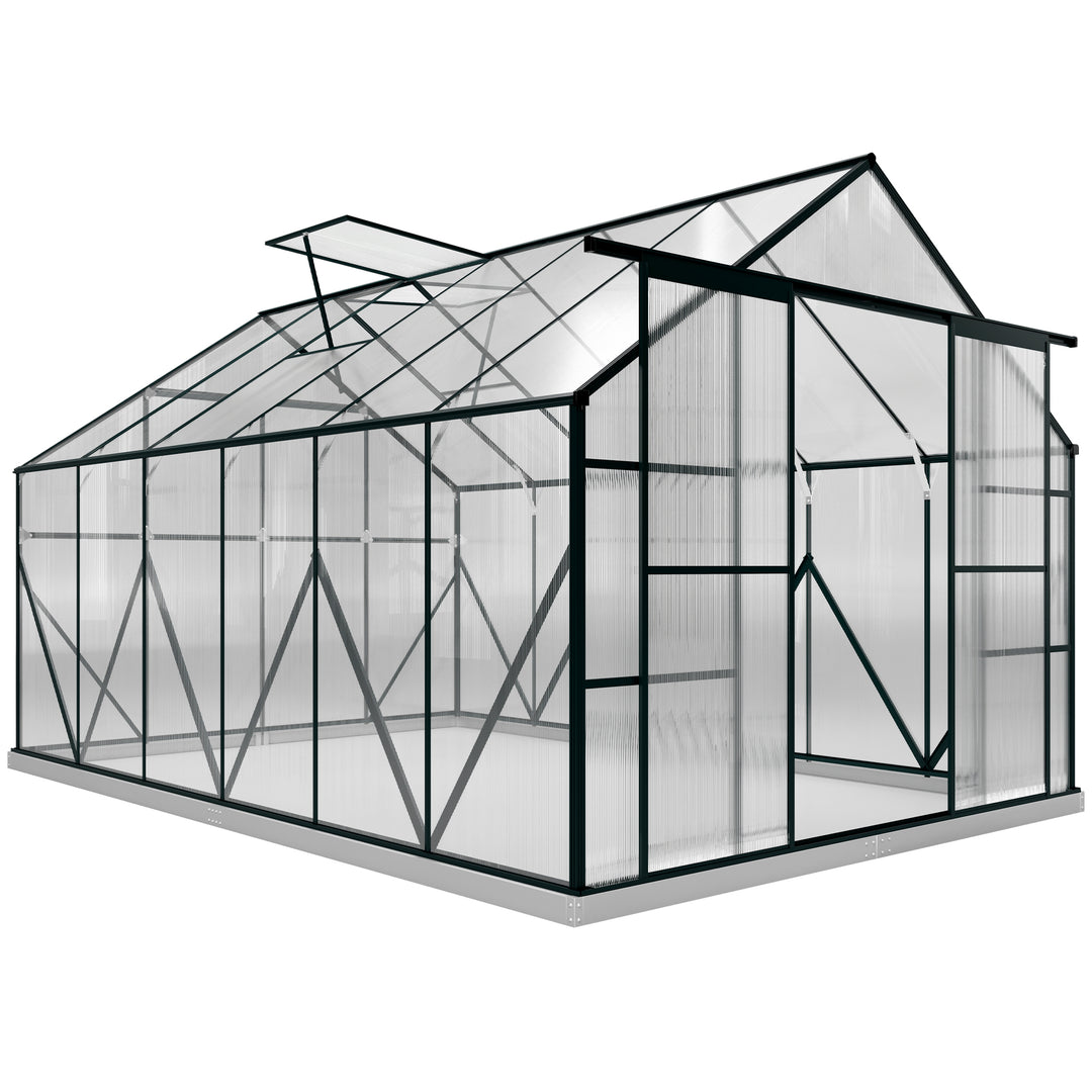 Aluminium Greenhouse Polycarbonate Walk-in Garden Greenhouse Kit with Adjustable Roof Vent, Rain Gutter and Foundation, 8 x 12ft, Clear