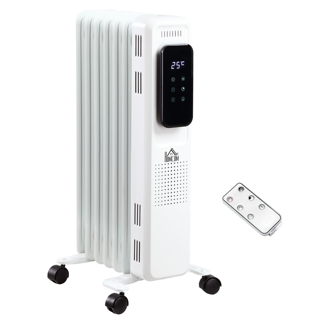 HOMCOM 1630W Oil Filled Radiator, 7 Fin, Portable Electric Heater with LED Display, 24H Timer, 3 Heat Settings, Safety Cut-Off Remote Control-White