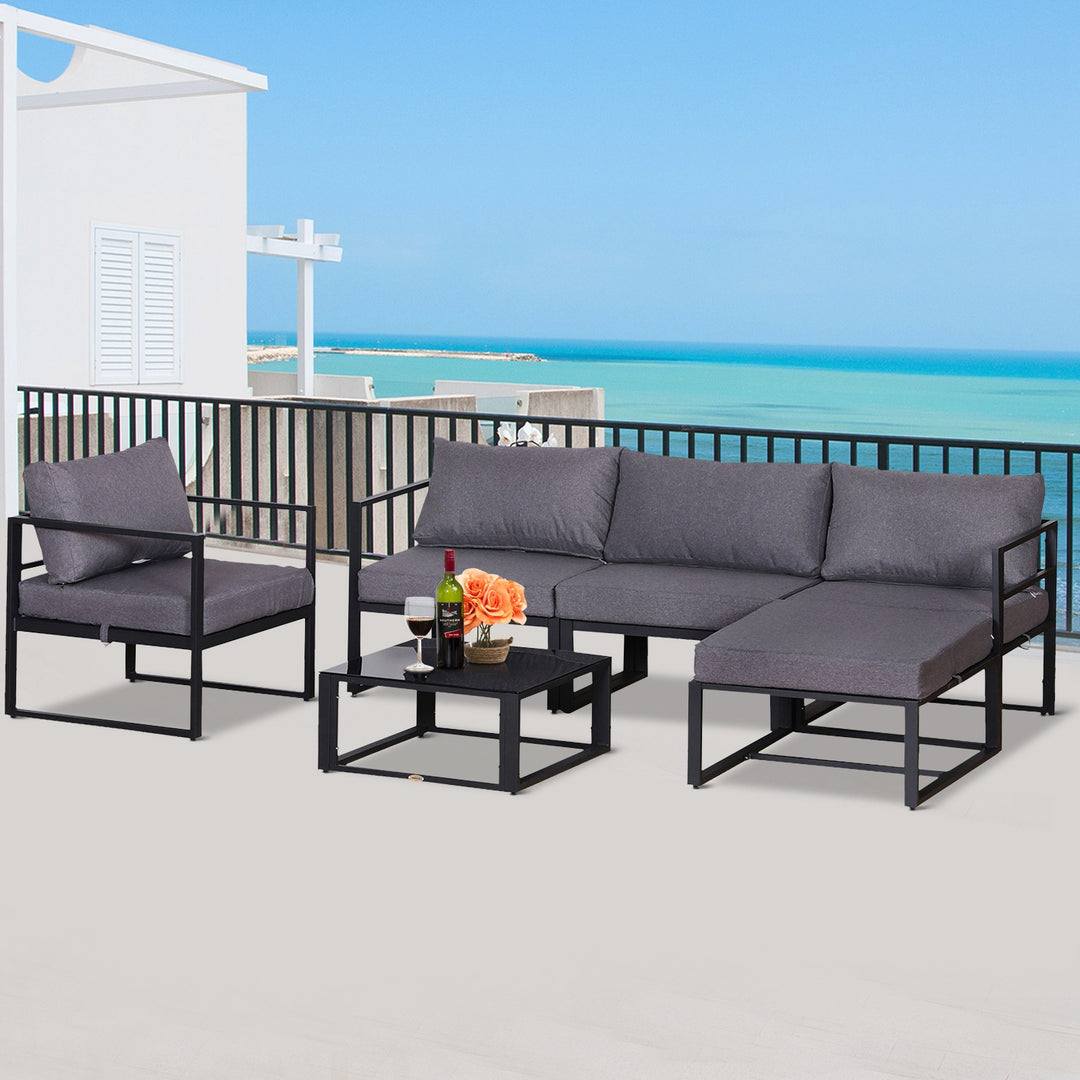 6 PCs Outdoor Indoor Sectional Sofa Set Thick Padded Cushions Aluminium Frame 5 Seaters 1 Coffee Table Footrest Grey